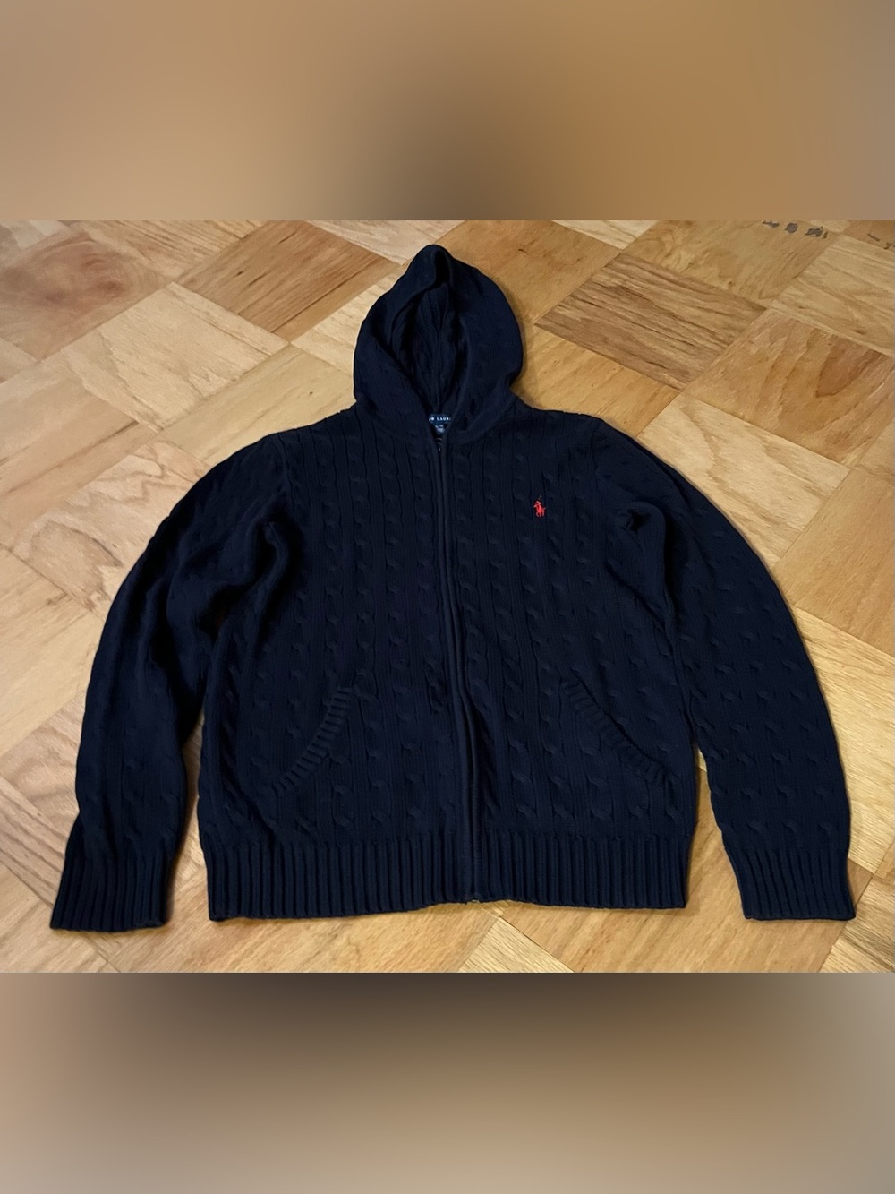 Ralph Lauren Navy Blue Cotton Cable Knit Hooded Zip Up Sweater